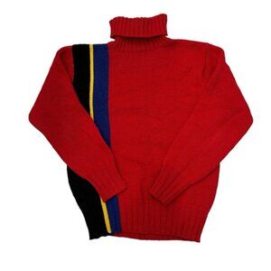 POLO Ralph Lauren Vintage Red Striped Knit Turtleneck Sweater Medium 100% Wool